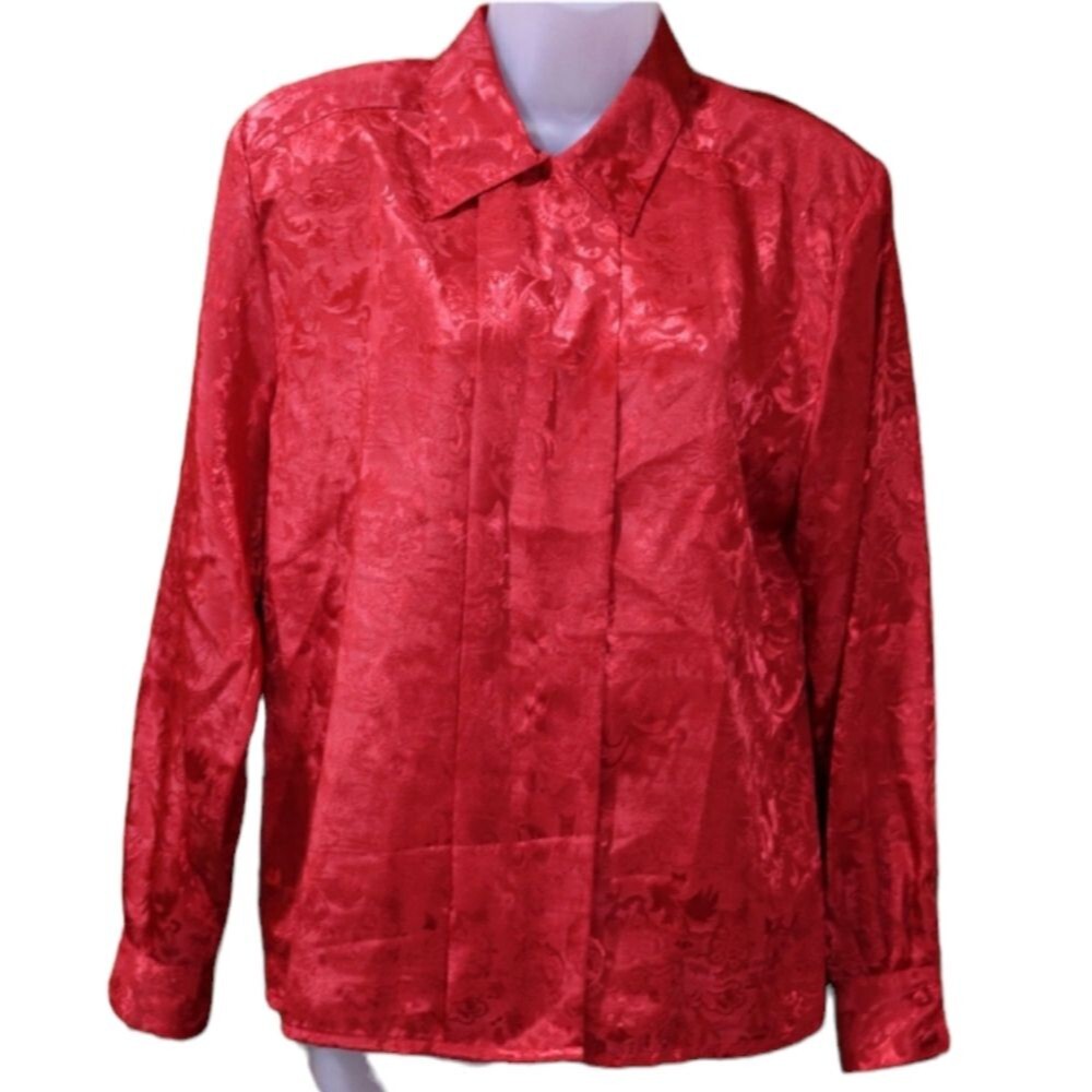Le Caviar Red Long Sleeve Vintage Button Down Top Floral Christmas Holiday 8